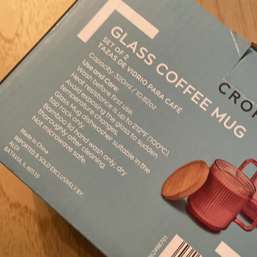 Crofton Glass Coffee Mugs with Bamboo Lid, 10.82 oz. Set of 2, PINK (NEW IN BOX)